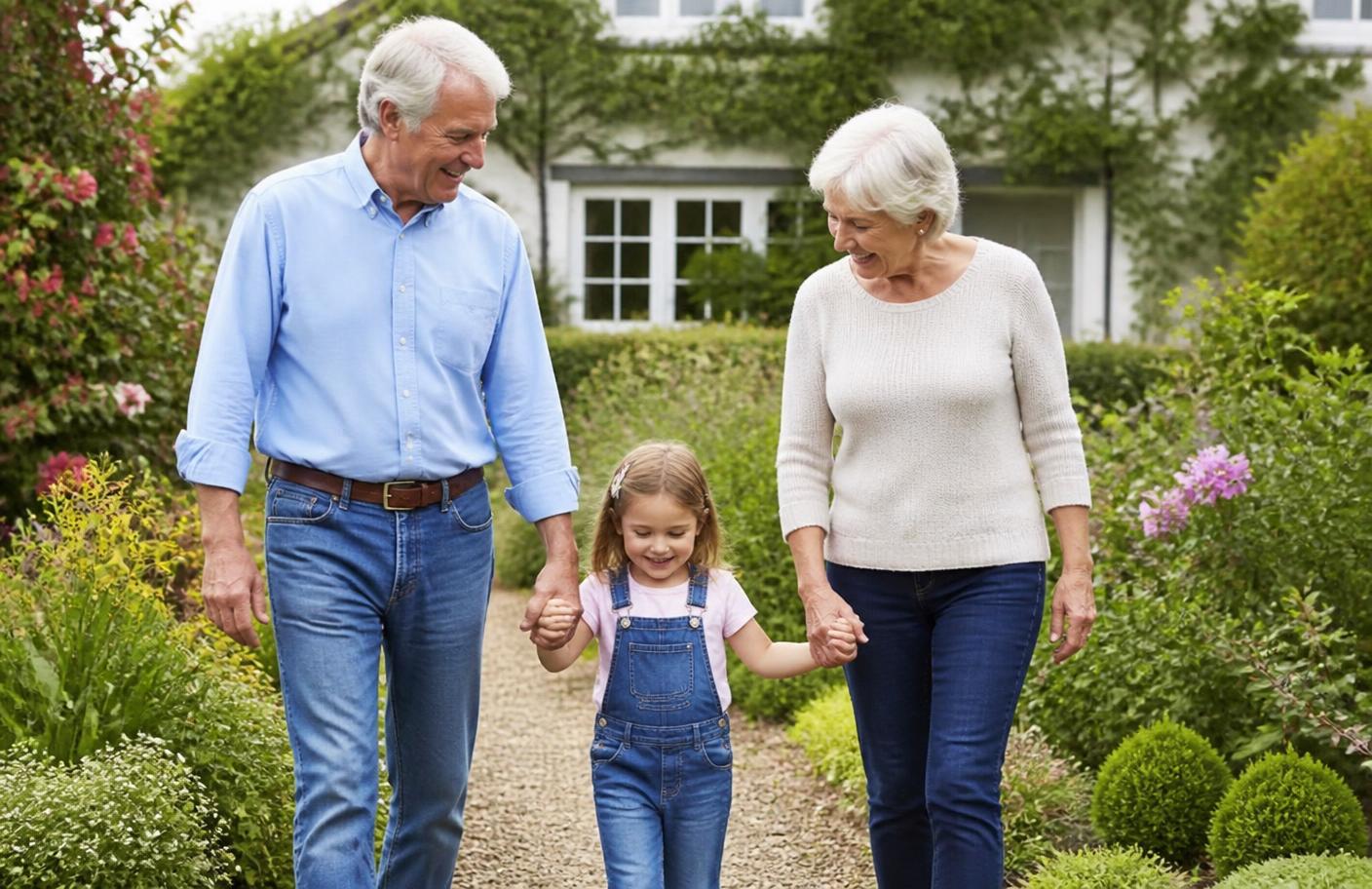 Grandparents walking through a garden with their granddaughter outside a British home